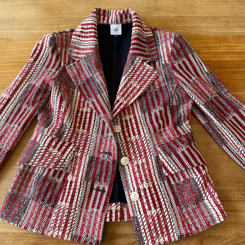 CAbi Red Patterned Tweed Jacket - Women's Button Front Blazer, Size S - Picture 6 of 8
